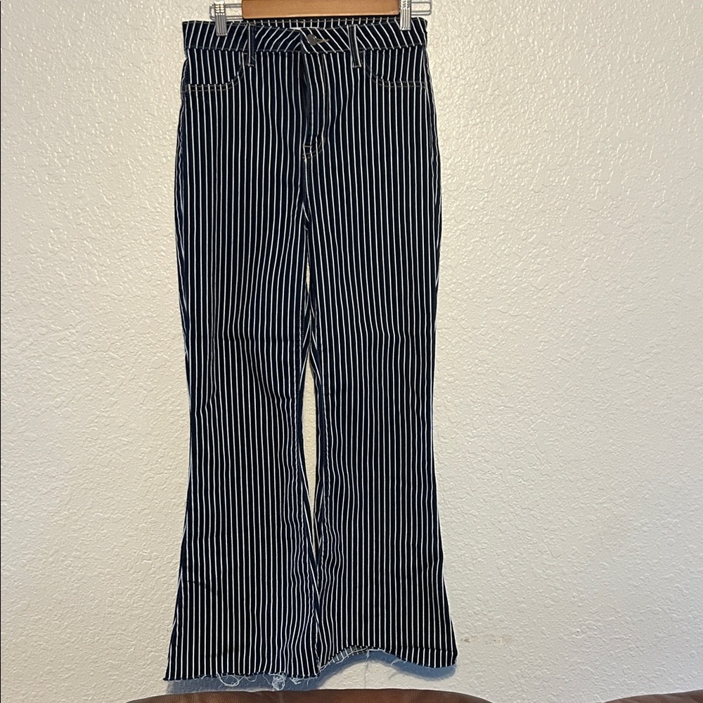 Navy and White Striped Flared Pants